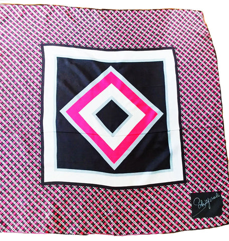 VINTAGE ELSA SCHIAPARELLI SILK SCARF IN HOT PINK, STERLING SILVER & CHARCOAL