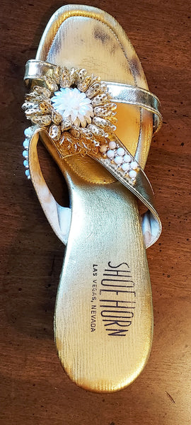 VINTAGE SHOE HORN LAS VEGAS GOLD MULES W BEADING DECORATION SLIP ONS RESORT HIGH HEEL SANDALS