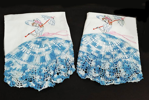 *BEAUTIFUL HAND CROCHETED AND EMBROIDERED SOUTHERN BELLE WITH HUGE SKIRT  AND PARASOL PILLOW CASES - 1 PAIR - NEW & NEVER USED