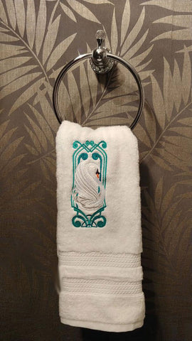 NEW - LUXURIOUS ELEGANT ART DECO WHITE SWAN EMBROIDERED HAND TOWEL - (1 TOWEL ONLY)   WOULD MAKE A WONDERFUL GIFT!