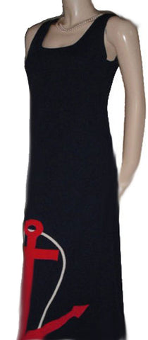 CUTE VINTAGE SAILOR NAUTICAL NAVY DRESS WITH HUGE APPLIQUE ANCHOR & ROPE TRIM