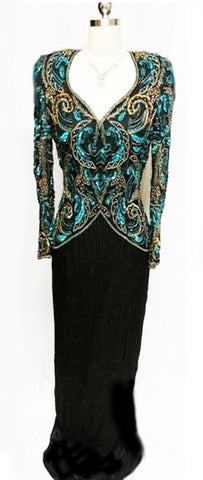*VINTAGE SCALA BLACK SILK EVENING GOWN ENCRUSTED WITH DEEP SEA BLUE & GOLD SEQUINS & BEADS - PERFECT FOR THE HOLIDAYS OR FORMAL AFFAIR.