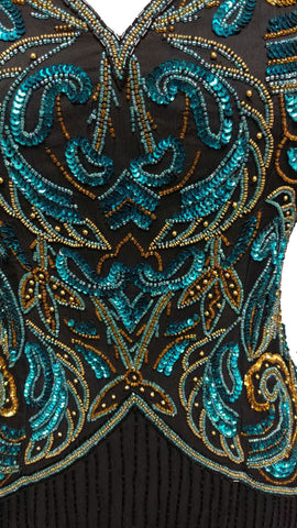 *VINTAGE SCALA BLACK SILK EVENING GOWN ENCRUSTED WITH DEEP SEA BLUE & GOLD SEQUINS & BEADS - PERFECT FOR THE HOLIDAYS OR FORMAL AFFAIR.