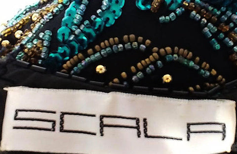 *VINTAGE SCALA BLACK SILK EVENING GOWN ENCRUSTED WITH DEEP SEA BLUE & GOLD SEQUINS & BEADS - PERFECT FOR THE HOLIDAYS OR FORMAL AFFAIR.