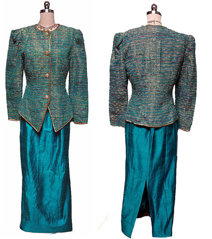 VINTAGE '80S TEAL & METALLIC GOLD SLUBBED EVENING JACKET WITH SILK DUPIONI SKIRT