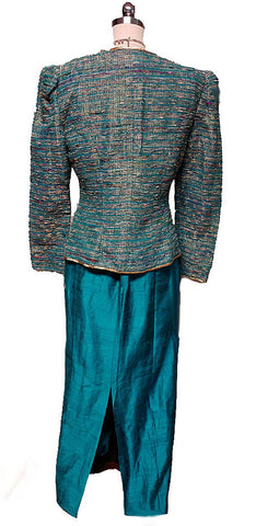 VINTAGE '80S TEAL & METALLIC GOLD SLUBBED EVENING JACKET WITH SILK DUPIONI SKIRT