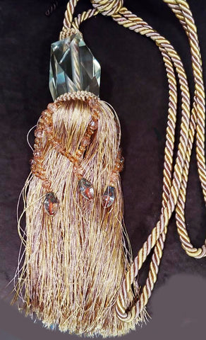 DESIGNER DECORATIVE DRAPERY TIE BACKS WITH HUGE CLEAR DECORATION, SPARKLING BEADS & TASSELS - 1 PAIR (2)