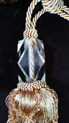 DESIGNER DECORATIVE DRAPERY TIE BACKS WITH HUGE CLEAR DECORATION, SPARKLING BEADS & TASSELS - 1 PAIR (2)