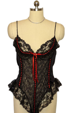 GORGEOUS VINTAGE SIZE LARGE BLACK LACE AND RED SATIN RIBBON TEDDIE TEDDY TEDDIES