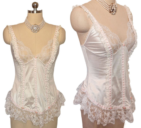 ADORABLE VINTAGE TOSCA LINGERIE BUSTIER LOOK BABY DOLL NIGHTGOWN WITH PINK SATIN RIBBON AND LACE