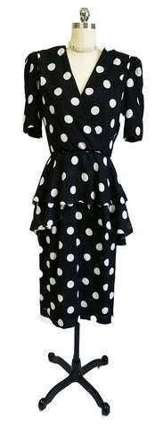 VINTAGE URSULA BLACK & WHITE DOT FLOUNCE PEPLUM TIERED DRESS
