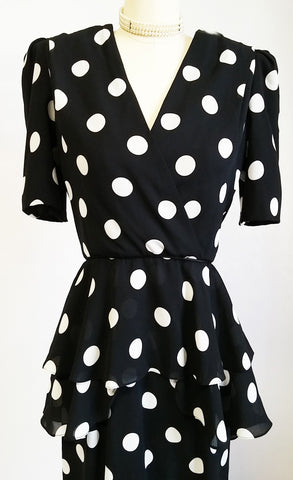 VINTAGE URSULA BLACK & WHITE DOT FLOUNCE PEPLUM TIERED DRESS