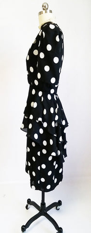 VINTAGE URSULA BLACK & WHITE DOT FLOUNCE PEPLUM TIERED DRESS