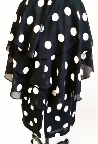 VINTAGE URSULA BLACK & WHITE DOT FLOUNCE PEPLUM TIERED DRESS