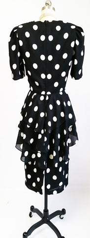 VINTAGE URSULA BLACK & WHITE DOT FLOUNCE PEPLUM TIERED DRESS