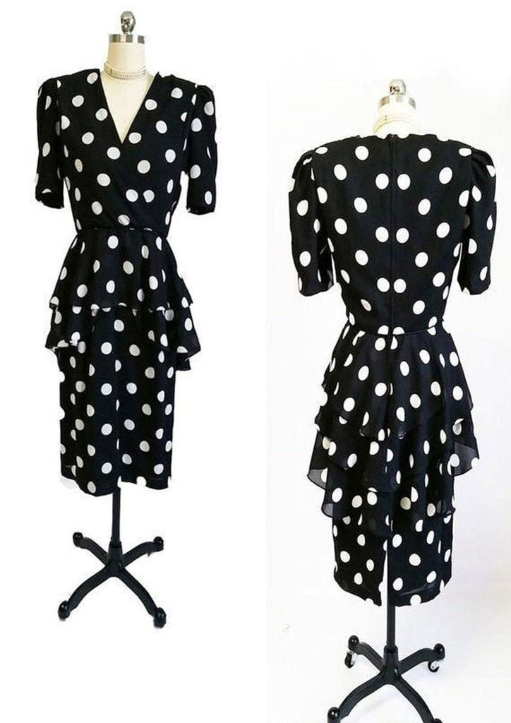 VINTAGE URSULA BLACK & WHITE DOT FLOUNCE PEPLUM TIERED DRESS