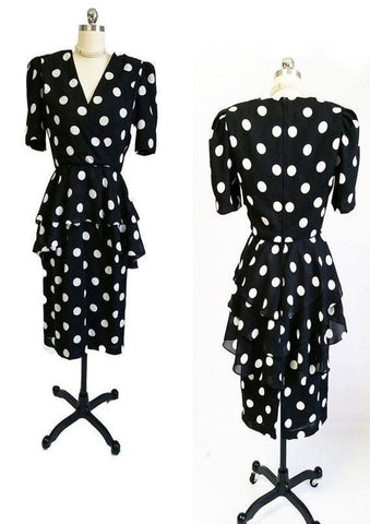VINTAGE URSULA BLACK & WHITE DOT FLOUNCE PEPLUM TIERED DRESS