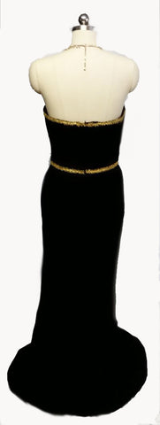 *GORGEOUS VINTAGE 1980s VICTOR COSTA FROM I MAGNIN BLACK VELVETY EVENING GOWN WITH FABULOUS GOLD METALLIC LACE