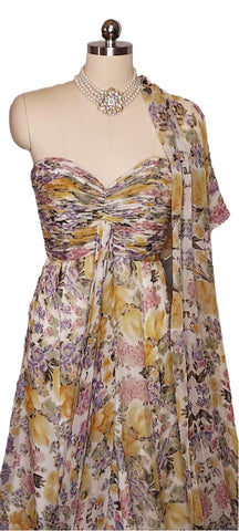 VINTAGE VICTORIA ROYAL MADE IN HONG KONG RUCHED SWEETHEART NECKLINE EVENING GOWN WITH STOLE
