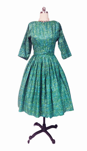 *VINTAGE JOHN WOLF FABRIC MEO OF CALIFORNIA GREEN PRINT POLISHED COTTON DRESS IN JOHN WOLF FABRIC WITH METAL ZIPPER