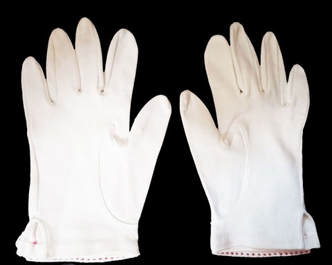 VINTAGE '50s / '60s WHITE COTTON GLOVES WITH RED TOP STITCHING & BUTTON ACCENT