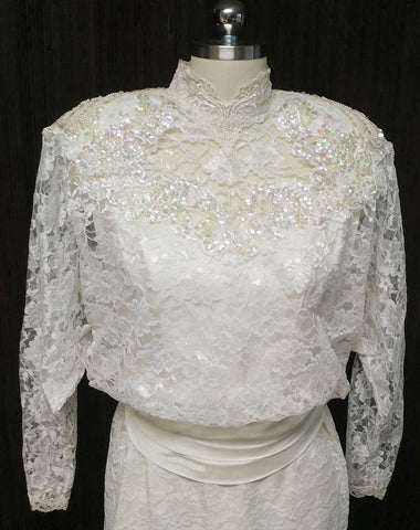 GLAMOROUS VINTAGE '70s / '80s ALFRED ANGELO LACE SEQUINS, PEARLS & APPLIQUES WEDDING GOWN