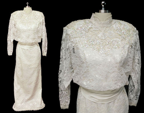 GLAMOROUS VINTAGE '70s / '80s ALFRED ANGELO LACE SEQUINS, PEARLS & APPLIQUES WEDDING GOWN