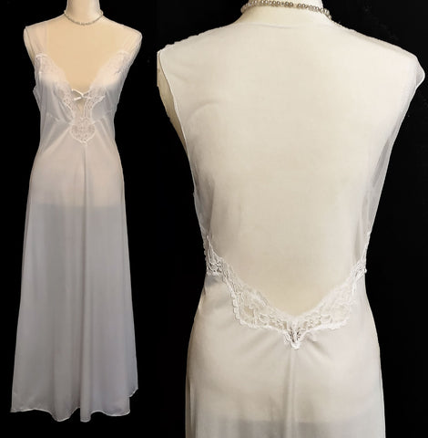*VINTAGE BARBIZON LACE NIGHTGOWN WITH A GORGEOUS SHEER BACK & STRAPS IN ICICLE  - LARGE SIZE