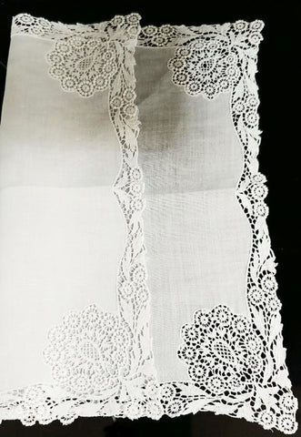 SOLD - *VINTAGE GORGEOUS BRIDAL WHITE VENETIAN GUIPURE LACE WEDDING HANDKERCHIEF -NEW OLD STOCK