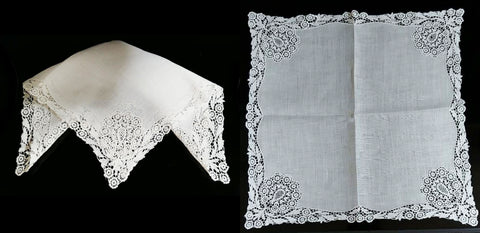 SOLD - *VINTAGE GORGEOUS BRIDAL WHITE VENETIAN GUIPURE LACE WEDDING HANDKERCHIEF -NEW OLD STOCK