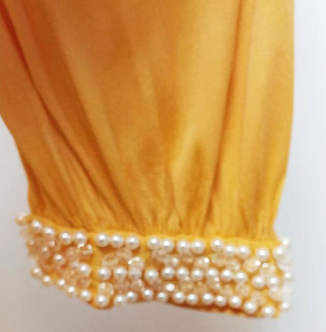 GLAMOROUS VINTAGE GRAND SWEEP EVENING GOWN ENCRUSTED WITH RHINESTONES, PEARLS, SILVER BEADS AND CRYSTALS WITH METAL ZIPPER IN PHARAOH'S GOLD