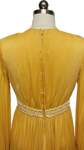 GLAMOROUS VINTAGE GRAND SWEEP EVENING GOWN ENCRUSTED WITH RHINESTONES, PEARLS, SILVER BEADS AND CRYSTALS WITH METAL ZIPPER IN PHARAOH'S GOLD