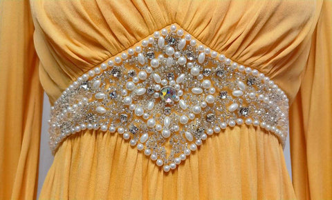 GLAMOROUS VINTAGE GRAND SWEEP EVENING GOWN ENCRUSTED WITH RHINESTONES, PEARLS, SILVER BEADS AND CRYSTALS WITH METAL ZIPPER IN PHARAOH'S GOLD