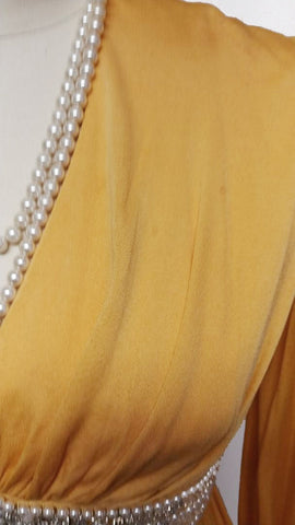 GLAMOROUS VINTAGE GRAND SWEEP EVENING GOWN ENCRUSTED WITH RHINESTONES, PEARLS, SILVER BEADS AND CRYSTALS WITH METAL ZIPPER IN PHARAOH'S GOLD