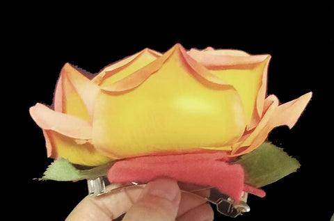 VINTAGE HUGE PEACH & YELLOW RIO SAMBA LOOK ARTIFICIAL ROSE - DRESS OR HAT ACCESSORY OR HAIR CLIP