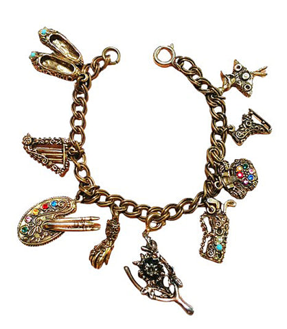 VINTAGE 9 JEWELED GOLD-TONE CHARM BRACELET