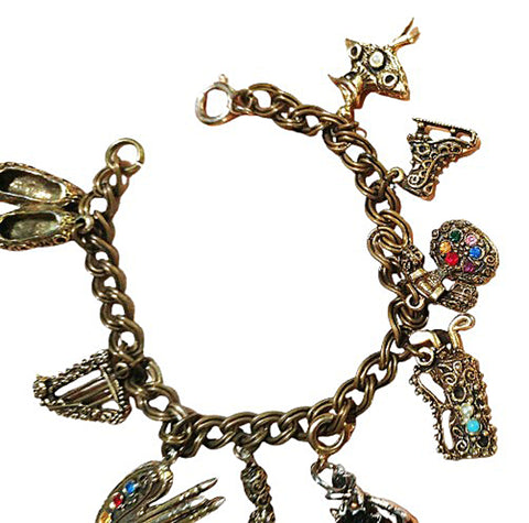 VINTAGE 9 JEWELED GOLD-TONE CHARM BRACELET