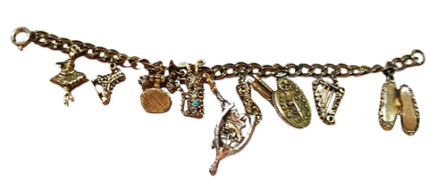 VINTAGE 9 JEWELED GOLD-TONE CHARM BRACELET