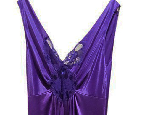 VINTAGE ADONNA SPANDEX LACE NIGHTGOWN WITH ROSETTE AND SATIN RIBBONS NIGHTGOWN IN AMETHYST - SIZE LARGE
