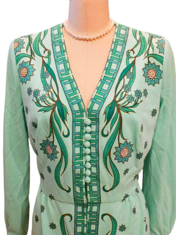 VINTAGE 1970s ALFRED SHAHEEN HAND PRINTED FLORAL & LEAF DRESS IN DEEP MINT & DYNASTY GREEN