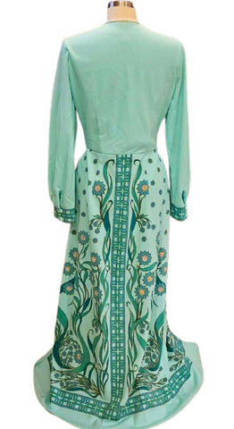 VINTAGE 1970s ALFRED SHAHEEN HAND PRINTED FLORAL & LEAF DRESS IN DEEP MINT & DYNASTY GREEN