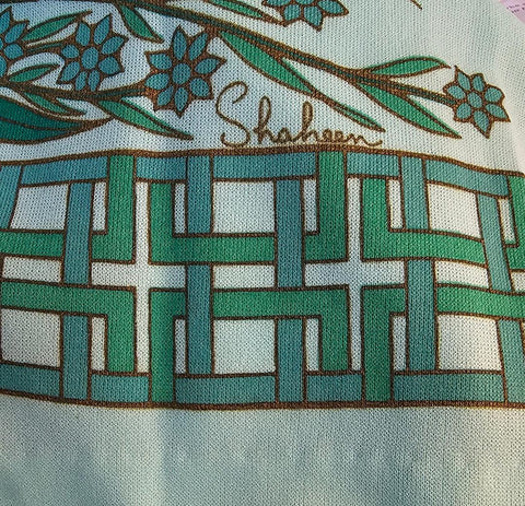 VINTAGE 1970s ALFRED SHAHEEN HAND PRINTED FLORAL & LEAF DRESS IN DEEP MINT & DYNASTY GREEN