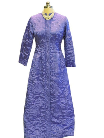 RARE 1960S B. ALTMAN & CO. HYACINTH PERIWINKLE QUILTED SATINY ROBE | MADE IN HONG KONG | FLORAL VINE DESIGN