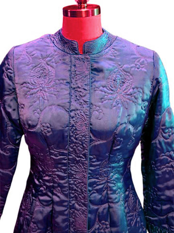 RARE 1960S B. ALTMAN & CO. HYACINTH PERIWINKLE QUILTED SATINY ROBE | MADE IN HONG KONG | FLORAL VINE DESIGN