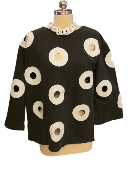 VINTAGE ANDREA JOVINE 90S CUT OUT TOP – BLACK WHITE MOD STYLE HIPPIE VIBES EARLY 1990S