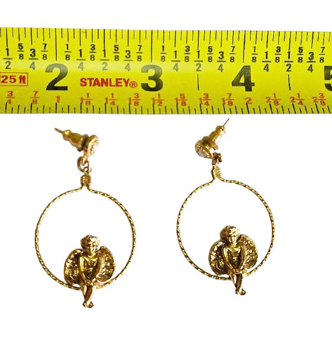 VINTAGE CHERUB ANGEL GOLD-TONE AND PEARL HOOP EARRINGS