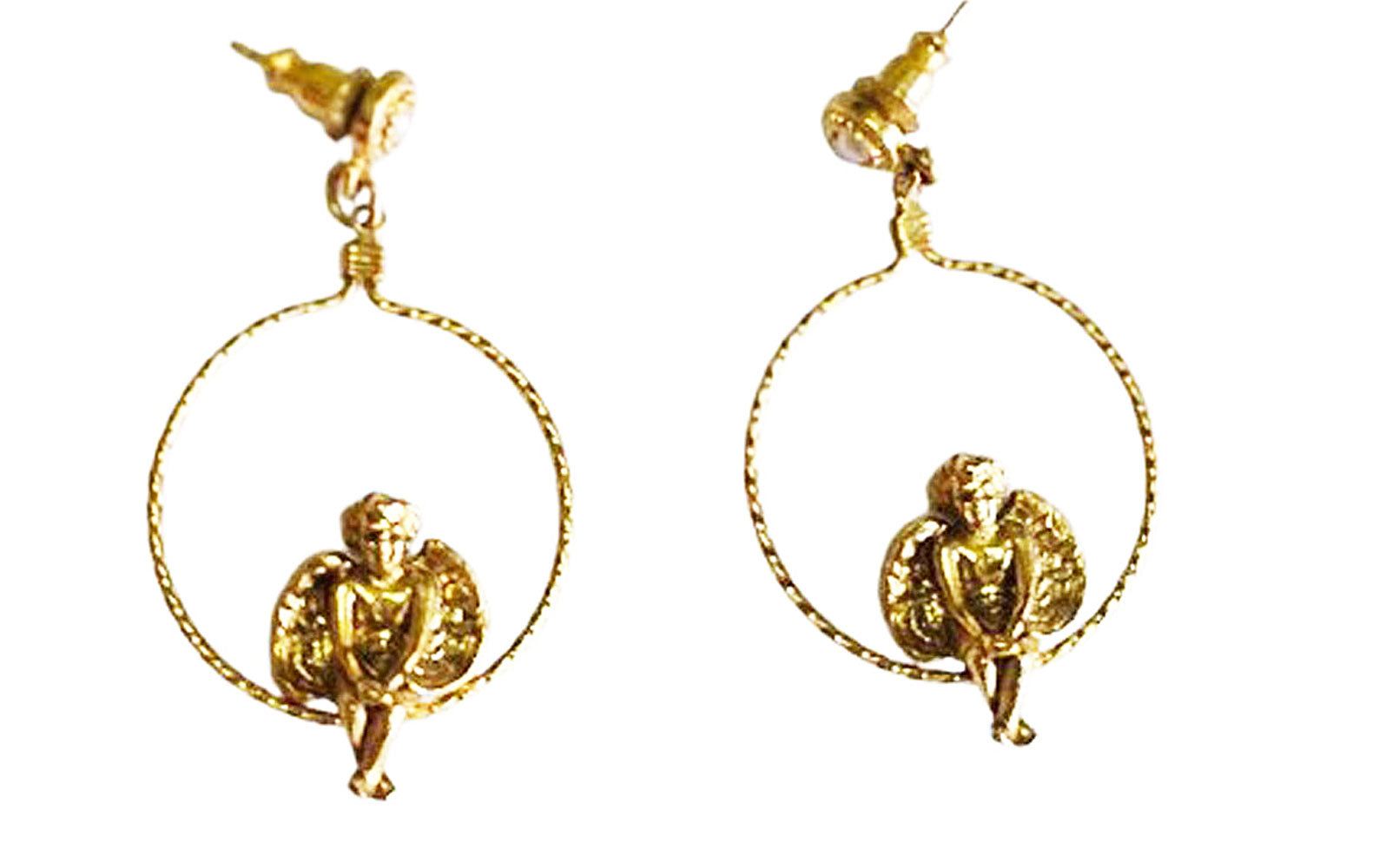 VINTAGE CHERUB ANGEL GOLD-TONE AND PEARL HOOP EARRINGS