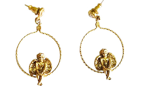 VINTAGE CHERUB ANGEL GOLD-TONE AND PEARL HOOP EARRINGS