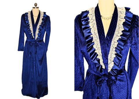 *  VINTAGE ANNIE VELOUR WRAP ROBE DRESSING GOWN IN SAPPHIRE WITH IVORY LACE SATIN TRIM MADE IN USA