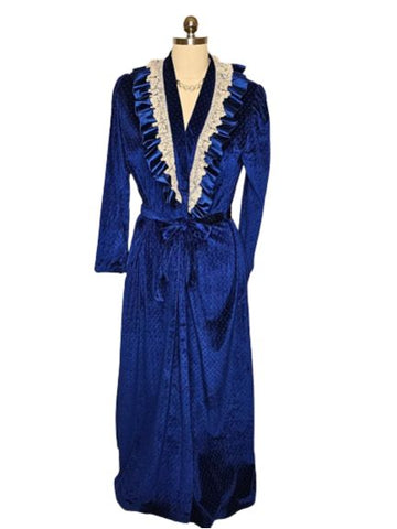 *  VINTAGE ANNIE VELOUR WRAP ROBE DRESSING GOWN IN SAPPHIRE WITH IVORY LACE SATIN TRIM MADE IN USA